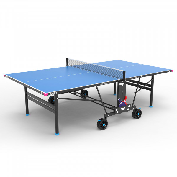 The Butterfly Spirit M4 Outdoor Table Tennis Table in blue, fully open and ready for a game.
