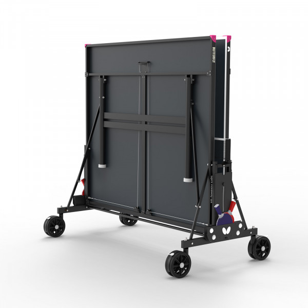 The Butterfly Spirit M4 Outdoor Table Tennis Table in grey, folded up for storage.