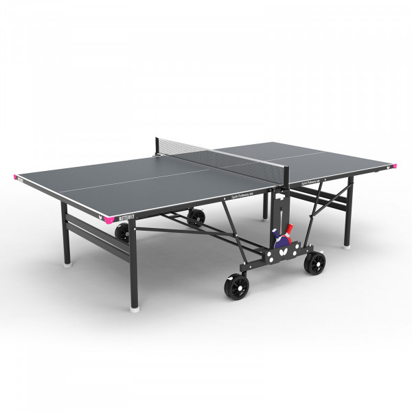 The Butterfly Spirit M4 Outdoor Table Tennis Table in grey, set up and ready for play.