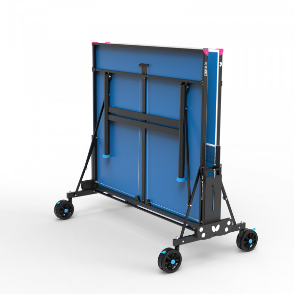 The Butterfly Spirit M5 Outdoor Table Tennis Table in blue, folded for easy storage.