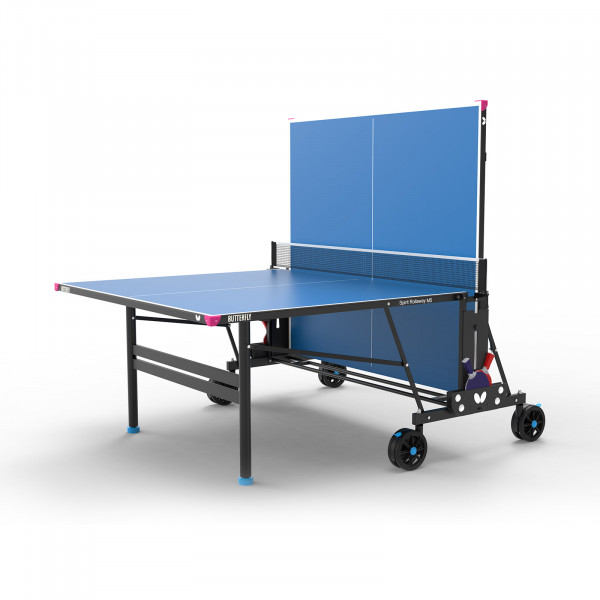 The Butterfly Spirit M5 Outdoor Table Tennis Table in blue, partially folded for solo practice.