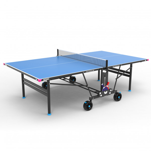 The Butterfly Spirit M5 Outdoor Table Tennis Table in blue, fully open and ready for a game.