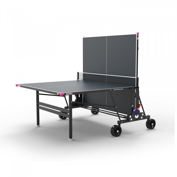The Butterfly Spirit M5 Outdoor Table Tennis Table in grey, partially folded for playback mode.