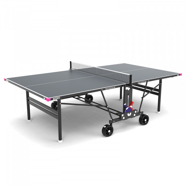The Butterfly Spirit M5 Outdoor Table Tennis Table in grey, set up and ready for play.