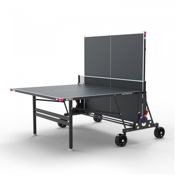 The Butterfly Spirit M6 Outdoor Table Tennis Table in grey, partially folded for playback mode.