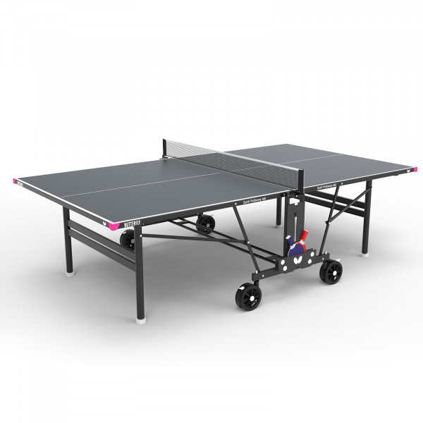 The Butterfly Spirit M6 Outdoor Table Tennis Table in grey, set up and ready for play.