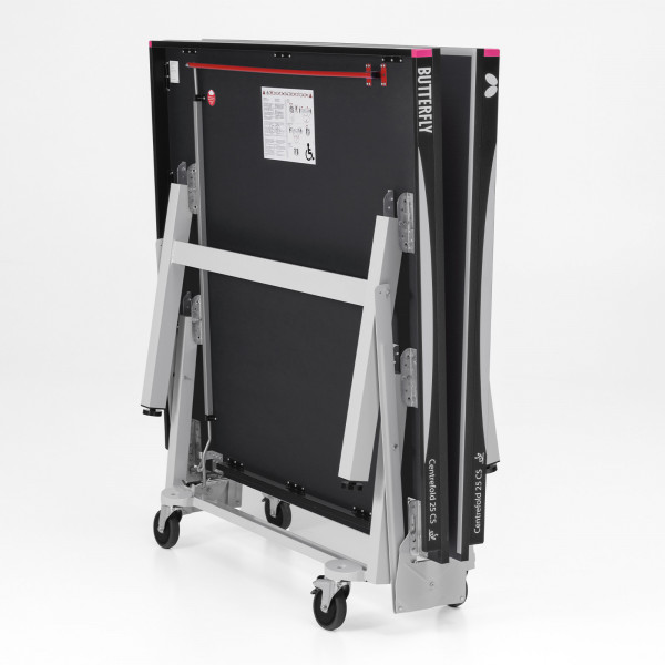 Rear angled view of the folded Butterfly Centrefold 25 Indoor Rollaway Table Tennis Table in black