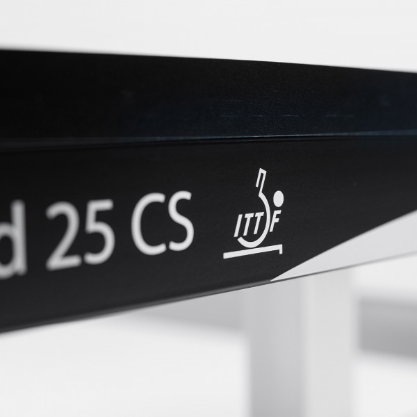 Close-up of the ITTF approval mark on the Butterfly Centrefold 25 Indoor Rollaway Table Tennis Table in black