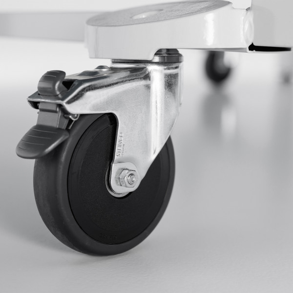 Close-up of the locking castor wheel on the Butterfly Centrefold 25 Indoor Rollaway Table Tennis Table in black