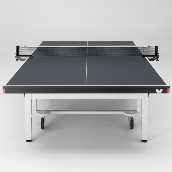 Player view of the Butterfly Centrefold 25 Indoor Rollaway Table Tennis Table in black with net