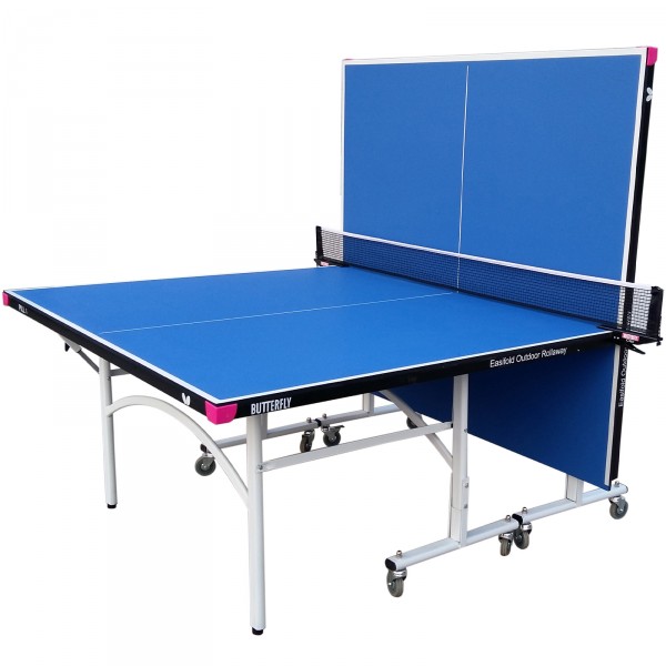 Butterfly Easifold 12 Outdoor/Indoor Rollaway Table Tennis Table Blue - half-closed