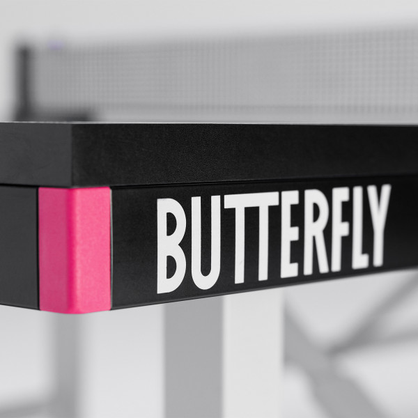 Close-up of the Butterfly branding on the Butterfly Europa 25 Indoor Table Tennis Table in black