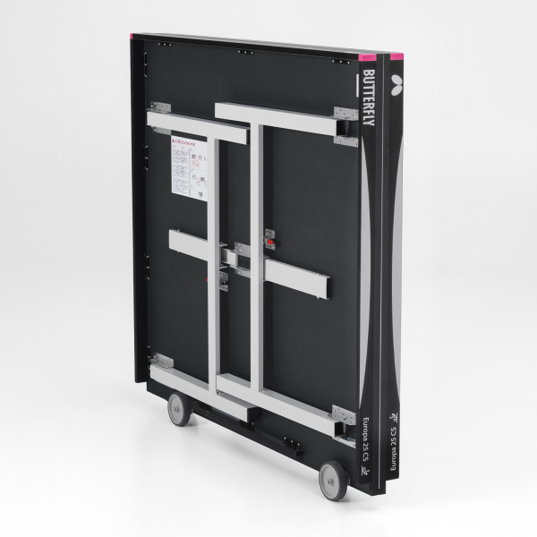 Rear angled view of the folded Butterfly Europa 25 Indoor Table Tennis Table in black
