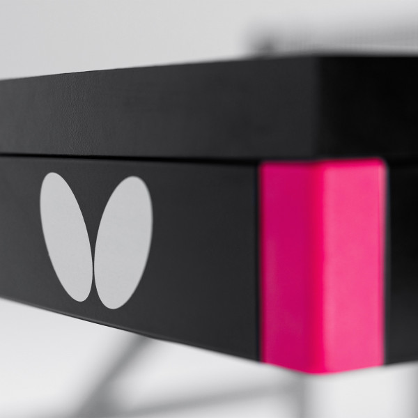 Close-up of the table corner on the Butterfly Europa 25 Indoor Table Tennis Table in black