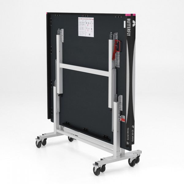 Rear angled view of the folded Butterfly Octet 25 Indoor Rollaway Table Tennis Table in black