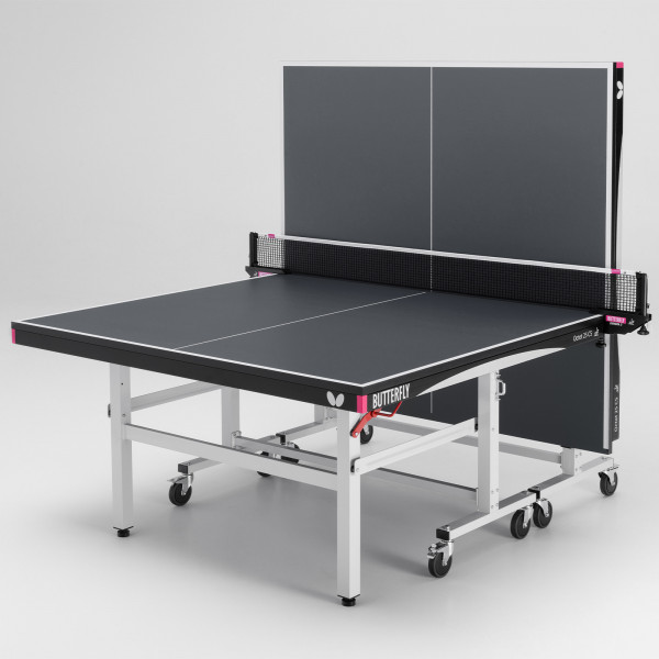 Three-quarter front view of the Butterfly Octet 25 Indoor Rollaway Table Tennis Table in black with playback position