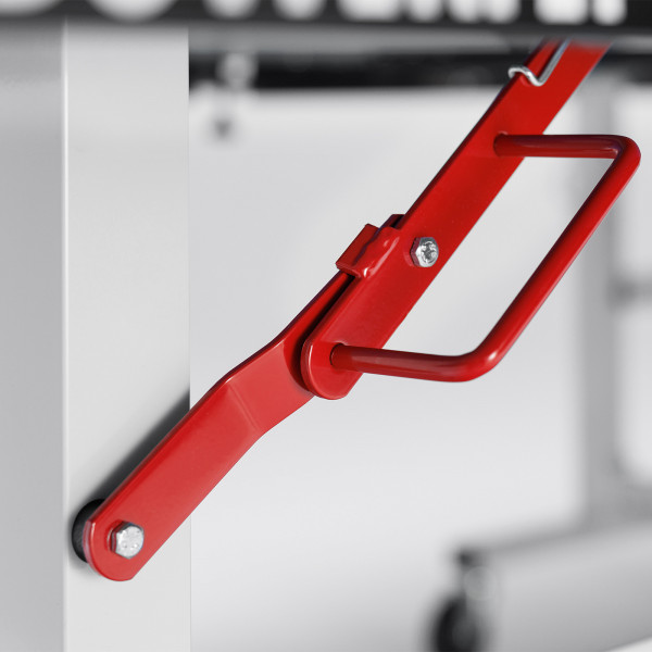 Close-up of the red release handle on the Butterfly Octet 25 Indoor Rollaway Table Tennis Table in black