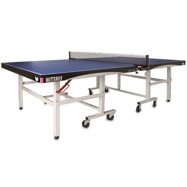 Top-angled view of the Butterfly Octet 25 Indoor Rollaway Table Tennis Table in blue