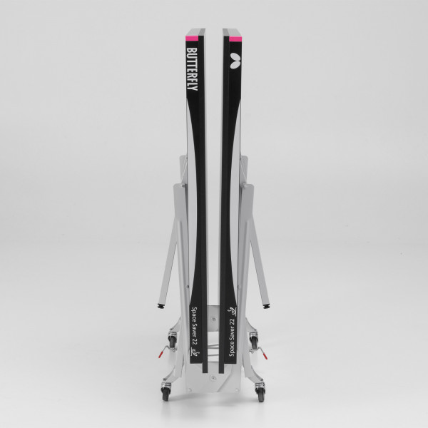 Front view of the folded Butterfly Space Saver 22 Indoor Rollaway Table Tennis Table in black