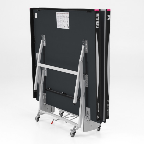 Rear angled view of the folded Butterfly Space Saver 22 Indoor Rollaway Table Tennis Table in black