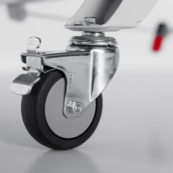 Close-up of the locking castor wheel on the Butterfly Space Saver 22 Indoor Rollaway Table Tennis Table in black