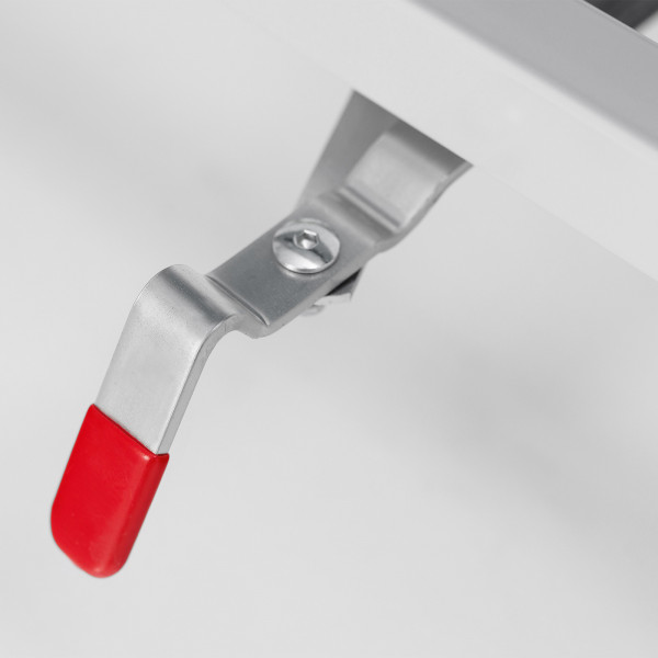 Close-up of the locking handle on the Butterfly Space Saver 22 Indoor Rollaway Table Tennis Table in black
