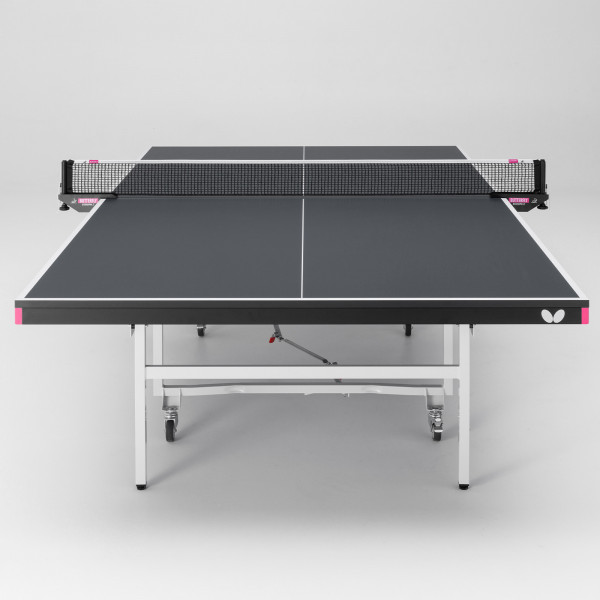 Player view of the Butterfly Space Saver 22 Indoor Rollaway Table Tennis Table in black with net