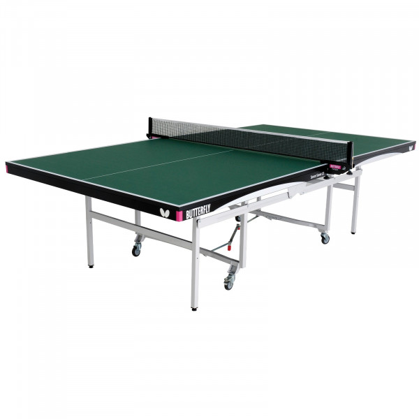 Top-angled view of the Butterfly Space Saver 22 Indoor Rollaway Table Tennis Table in green