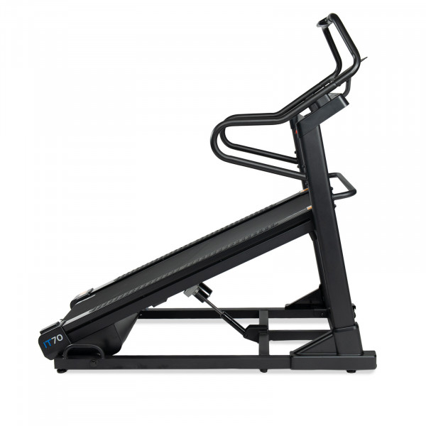 A product image of the cardiostrong IT70 Incline Treadmill from the side whilst inclined