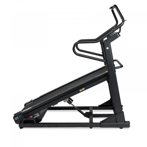 A product image of the cardiostrong IT70 Incline Treadmill from the side whilst inclined