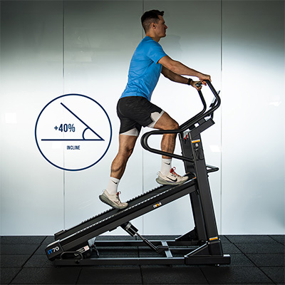 An infographic showing the cardiostrong IT70 Incline Treadmill at full incline with a model using it.