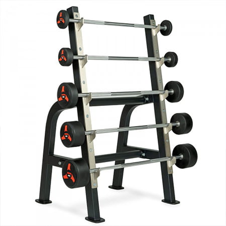 A product image of a fully racked Taurus five barbell storage rack.