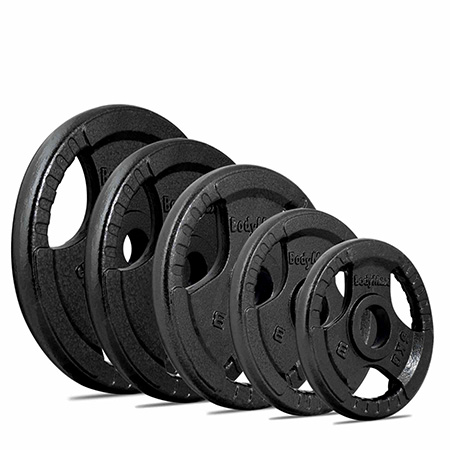 Set of the BodyMax Olympic Cast Iron Tri-Grip Weight Plates in various sizes.