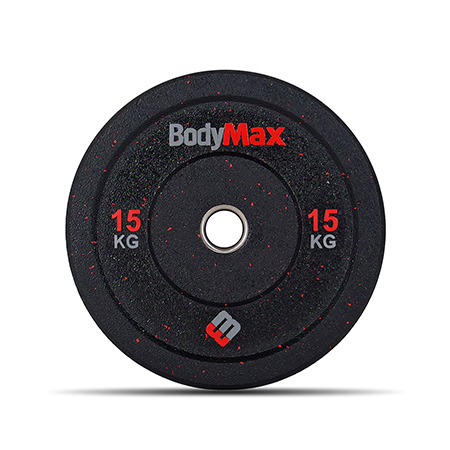 Front view of the BodyMax 15kg Olympic Rubber Crumb Bumper Weight Plate.