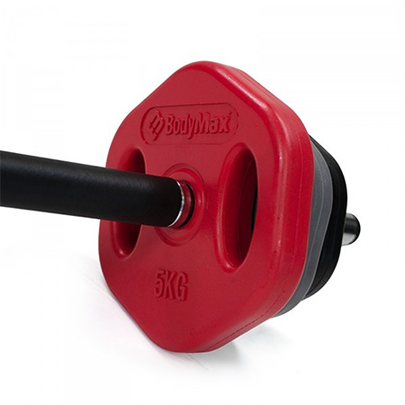 BodyMax V2 Hex Studio Weight Plates attached to a studio barbell.