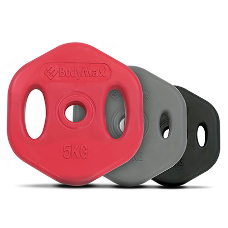 Set of BodyMax V2 Hex Studio Weight Plates in red, grey, and black.