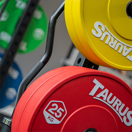 Close-up of Taurus Coloured Olympic Rubber Bumper Weight Plates in red, yellow, green, and blue.