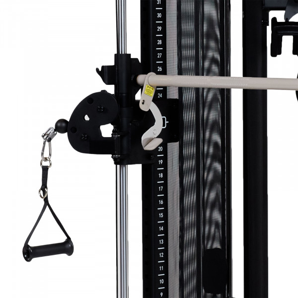 Side view of cable and pulley mechanism of the Centr 3 Home Gym Functional Trainer with Selectorised Smith Bar.