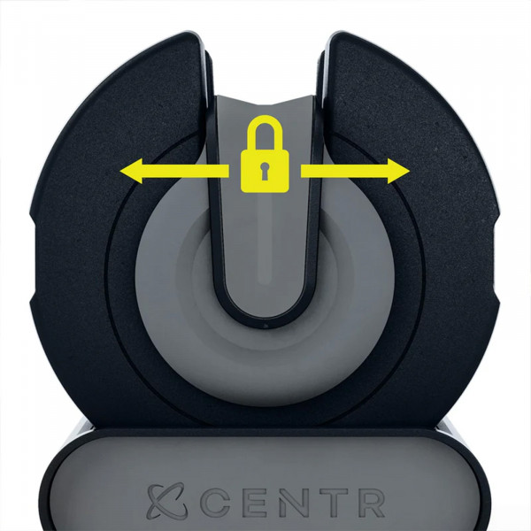 Closeup of the dual locking system on the Centr Smart Stack 50 Adjustable Dumbbell in black and grey.