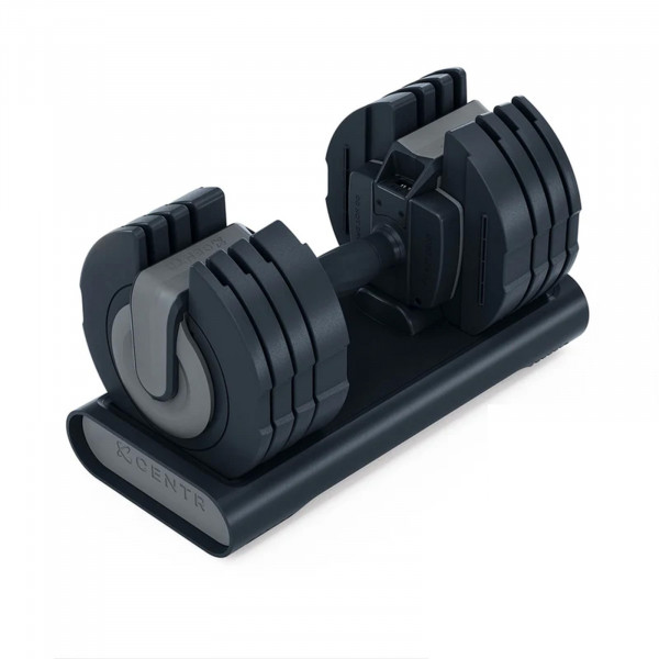 Top angled view of the Centr Smart Stack 50 Adjustable Dumbbell in black and grey.
