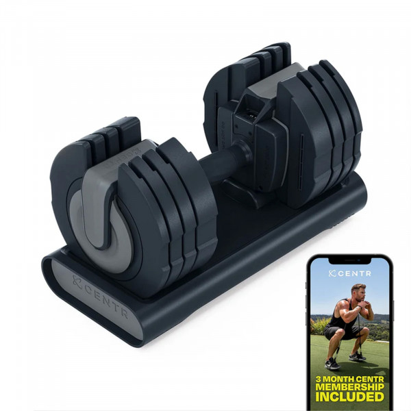 Centr Smart Stack 50 Adjustable Dumbbell in black and grey with app feature.