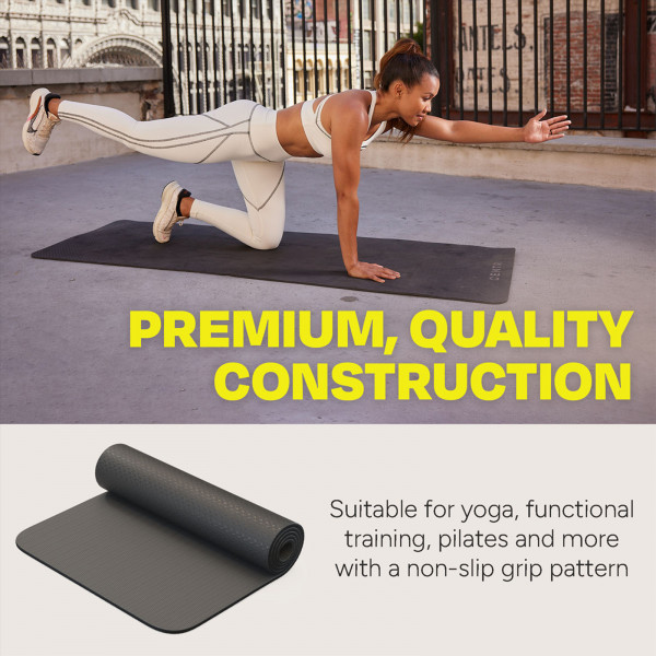 Infographic showing a model performing a yoga variation on the Centr Yoga Mat