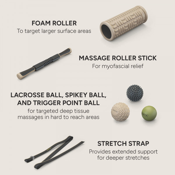 Detailed features of the massage roller stick, foam roller, stretch strap, and massage balls included in the Centr Recovery Kit.
