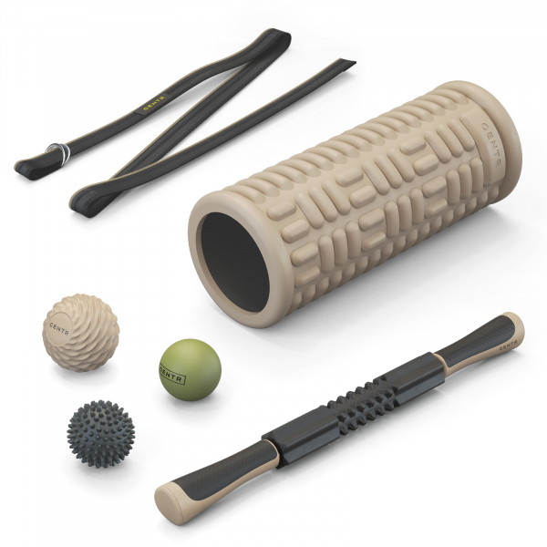 Centr Recovery Kit includes a massage roller stick, a foam roller, a stretch strap, and three massage balls – a lacrosse ball, a trigger point ball, and a spiky ball.