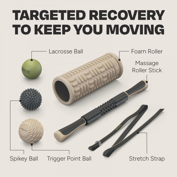 Centr Recovery Kit showing a massage roller stick, a foam roller, a stretch strap, and three massage balls – a lacrosse ball, a trigger point ball, and a spiky ball.
