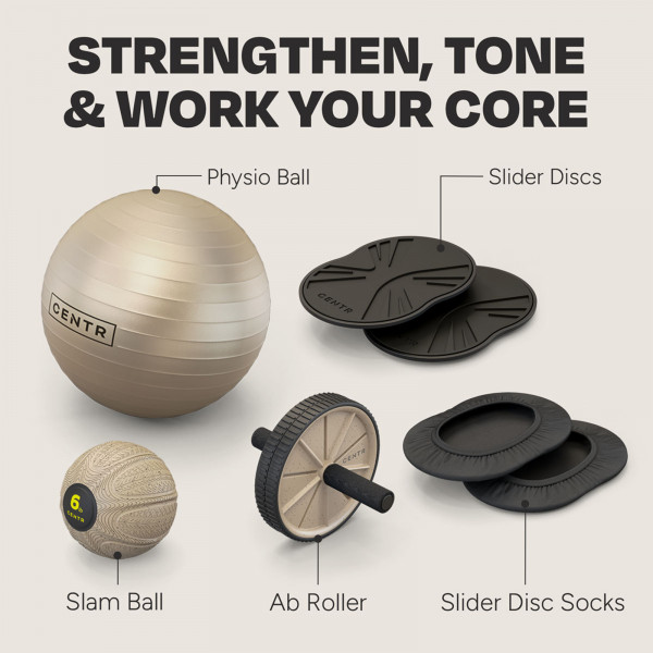Centr Core Kit featuring a physio ball, slider discs, slider disc socks, a 6 lb slam ball, and an ab roller. Tools designed for strengthening and toning the core.