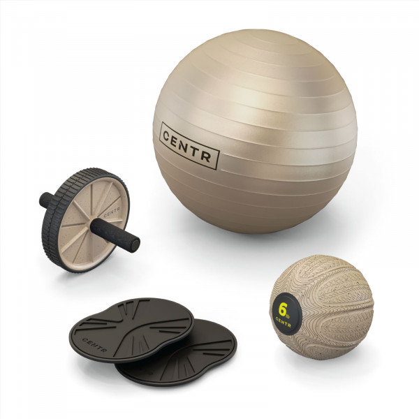 Product image showcasing the Centr Core Kit items: physio ball, 6lb slam ball, ab wheel, slider discs, and slider socks.