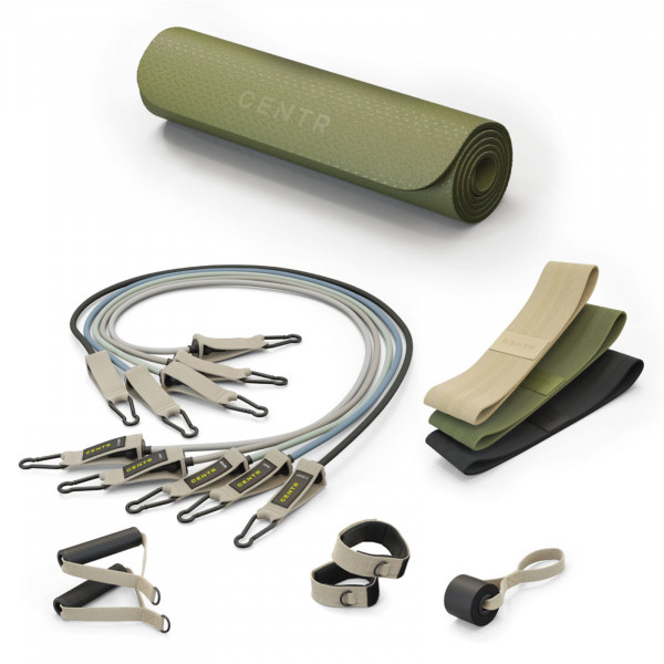 Centr Fitness Kit includes fabric resistance bands, tube resistance bands with handles, ankle straps, a door anchor, yoga mat, and travel bag.