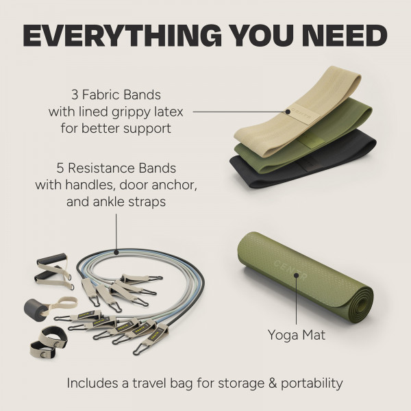 Centr Fitness Kit showing fabric resistance bands, tube resistance bands with handles, ankle straps, a door anchor, yoga mat, and travel bag for workouts.