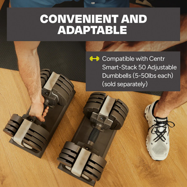Convenient and adaptable Centr Smart Stack Dumbbells placed on the floor, showing compatibility with the Centr Smart Stack 50 Dumbbell Rack (sold separately).